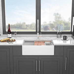 Double Bowl Sink Workstation 33" With Built In Work Surface And Accessories - White