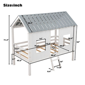 Twin Size Low Loft House Bed With Roof And 2 Front Windows - White