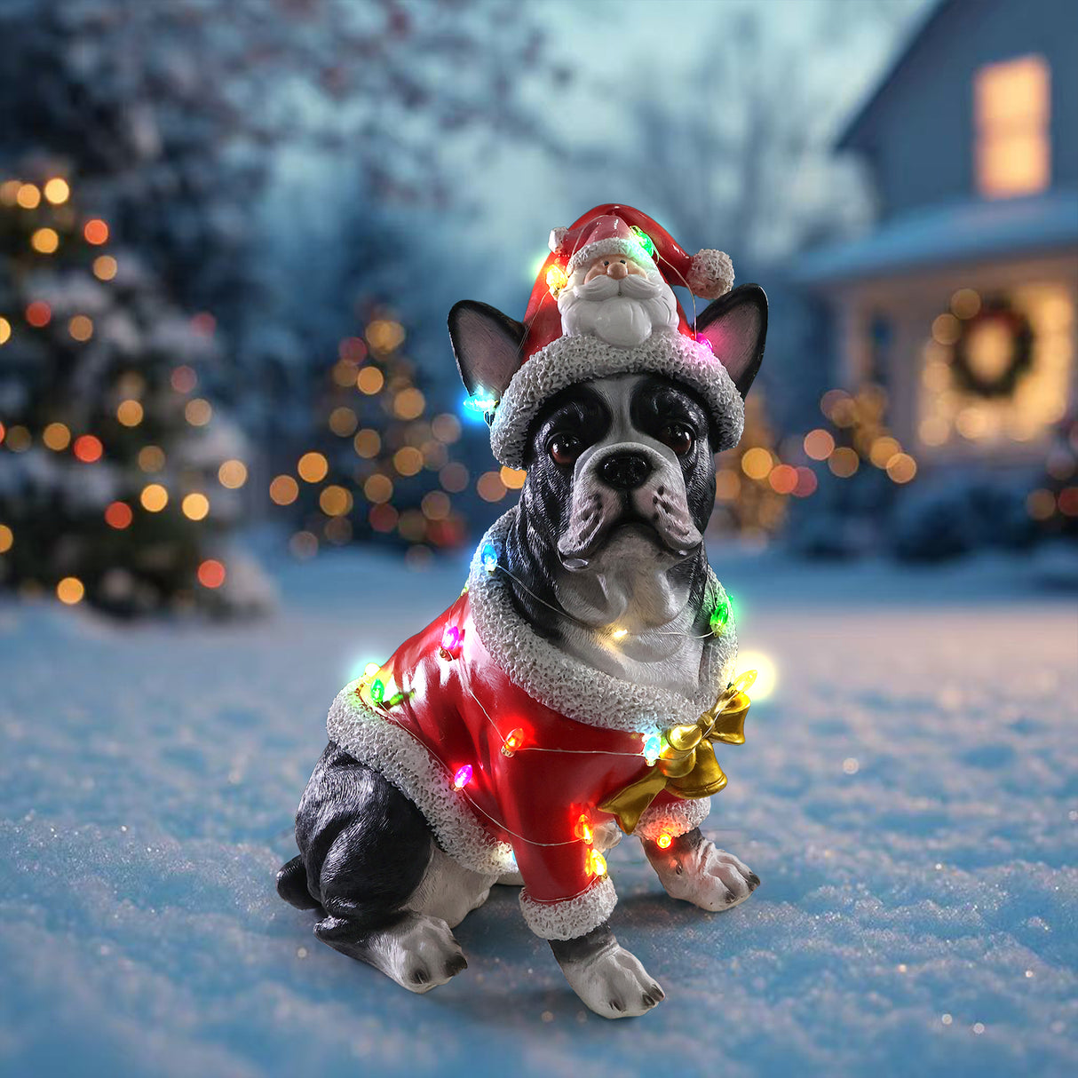 Christmas French Bulldog Statue, Holiday Dog Figurine in Santa Outfit
