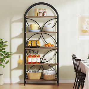 Tall 5 Tier Arched Bookshelf With Shelves For Living Room - Rustic Brown