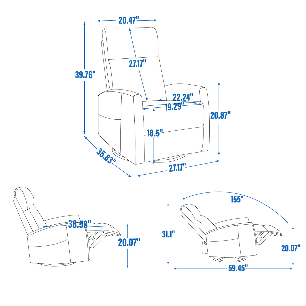 Heat Massage Manual Recliner Chair with Rocker and Swivel in Fabric