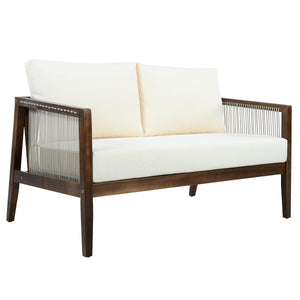 Outdoor Loveseat and Coffee Table Set, Acacia Wood Frame with Rope Detail