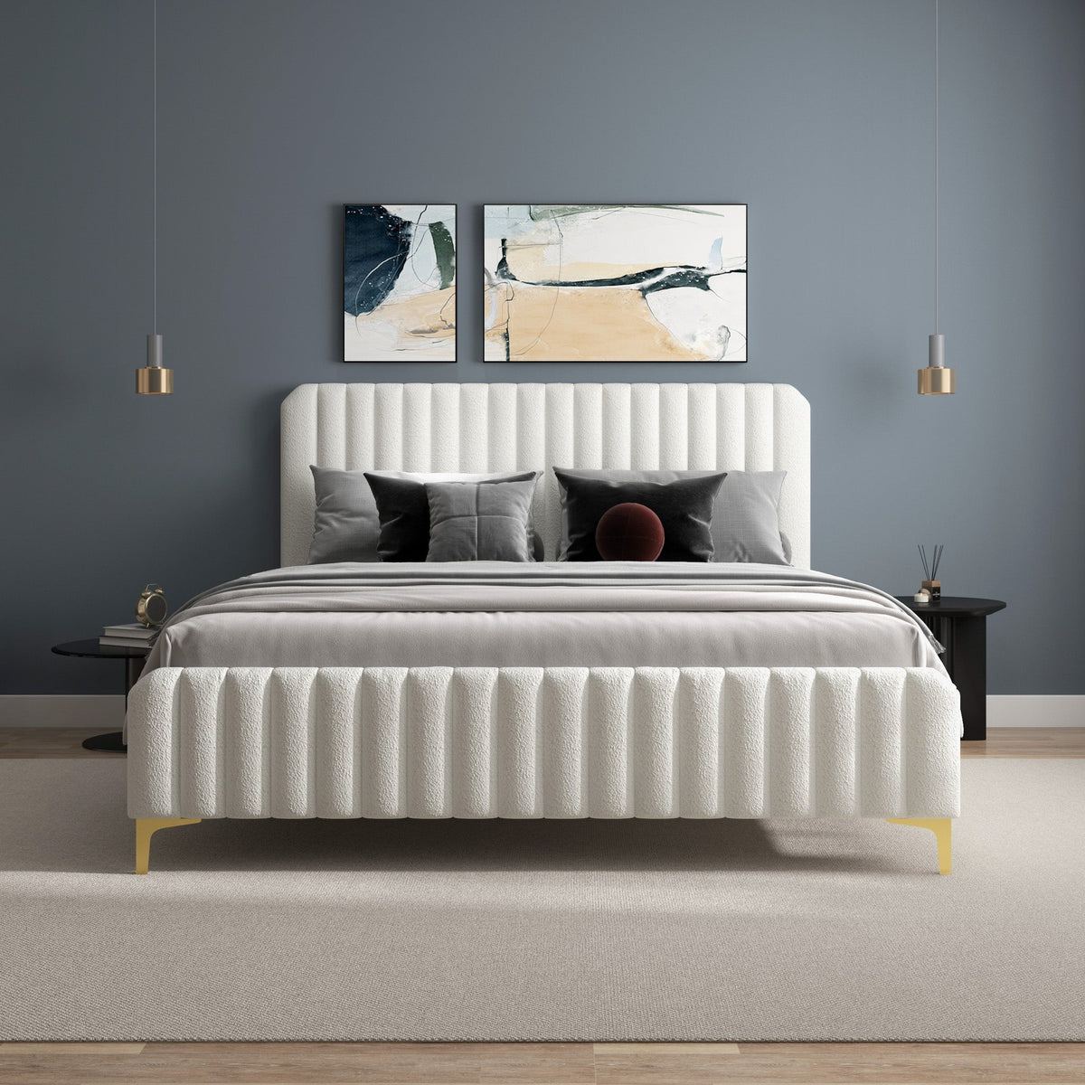 Valery King Size Bed Frame with Tufted Upholstery - White Boucle
