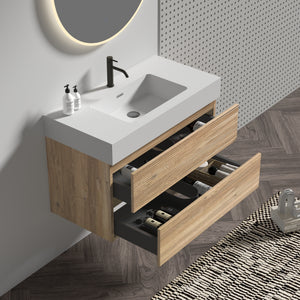 Grace 36-Inch Wall-Mounted Bathroom Vanity, Oak and White Solid Surface