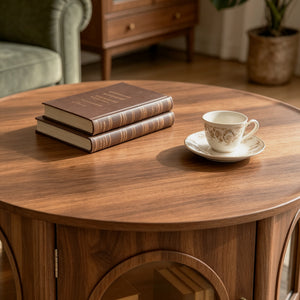 31.5" Round Coffee Table with Storage and Pet House - Dark Walnut