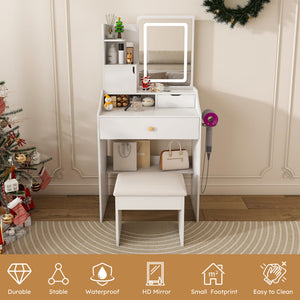 3 Color LED Vanity Mirror With Stool, Dressing Table For Bedroom, 2 Drawers & 5 Storage Cabinets (4 Open + 1 Hidden), Adjustable Lighting - White