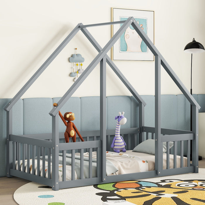 Wood House-Shaped Floor Bed with Guardrails – Twin or Full, Multiple Colors