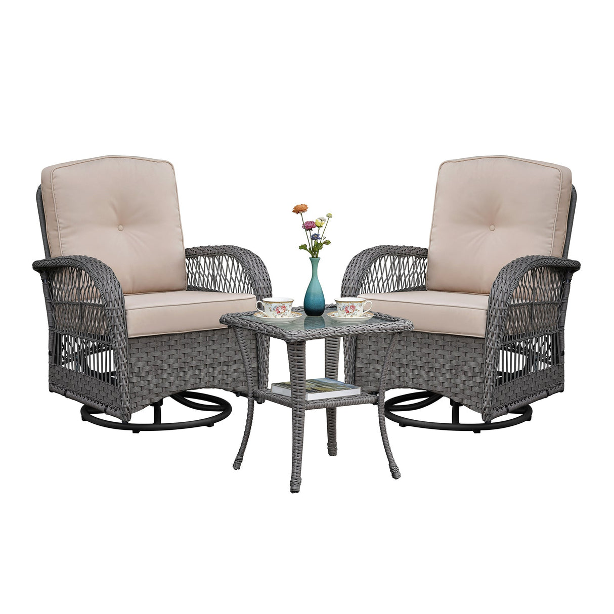3 Pieces Conversation Set, Outdoor Wicker Rocker Swivel Patio Bistro Set, Rocking Chair with Glass Top Side Table, Grey
