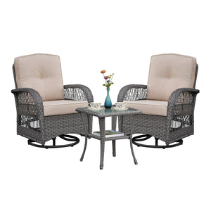 3 Pieces Conversation Set, Outdoor Wicker Rocker Swivel Patio Bistro Set, Rocking Chair with Glass Top Side Table, Grey