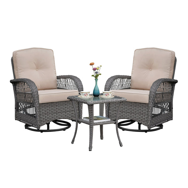 3 Pieces Conversation Set, Outdoor Wicker Rocker Swivel Patio Bistro Set, Rocking Chair with Glass Top Side Table, Grey