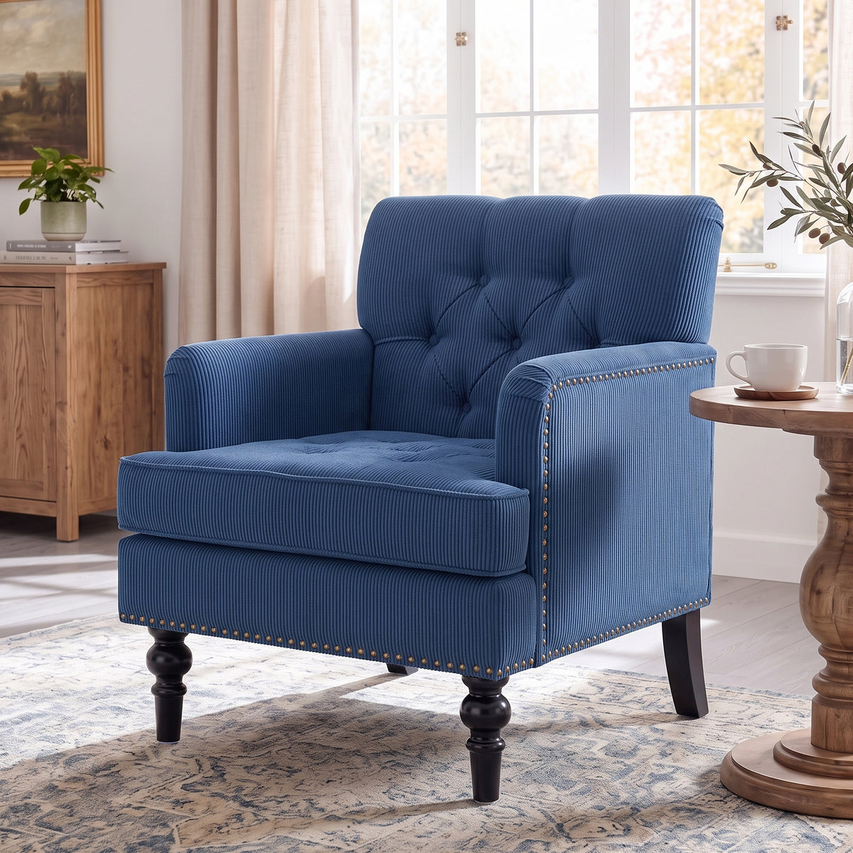 Modern Accent Chair, 26.5-Inch Wide, Blue Corduroy
