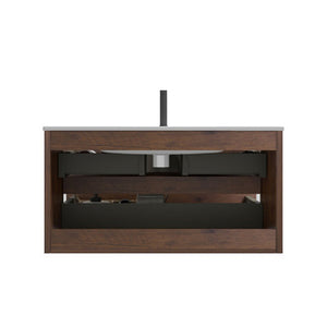 TIA 36-Inch Wall Mounted Bathroom Vanity, Walnut with Ceramic Sink