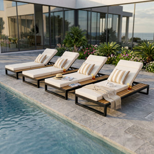 Black Iron & Teak Finish Chaise Lounge Set