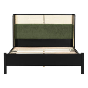 Queen Size Bed Frame with Plush Green Upholstered Headboard