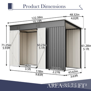 10'x4' Outdoor Metal Storage Shed for Garden Tools Lockable Door With Floor Frame