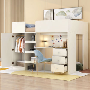 Loft Bed With Built In Wardrobe, Desk, Shelves, And Drawers