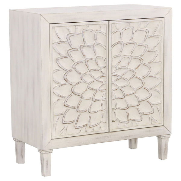 2 Door Accent Cabinet With Floral Carving Storage Furniture - White