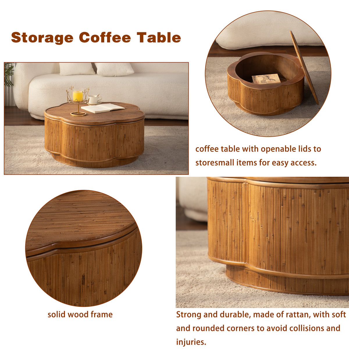 Flower-Shaped Rattan Coffee Table with Storage