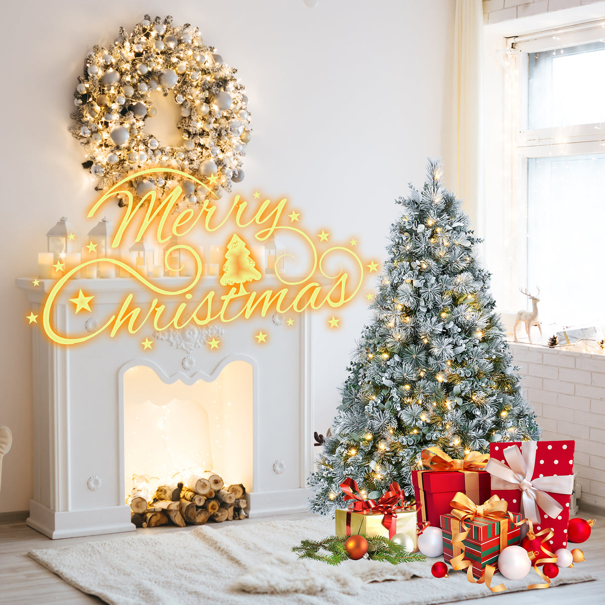 4FT Prelit Flocked Christmas Tree With Pine Needles & Eucalyptus Leaves