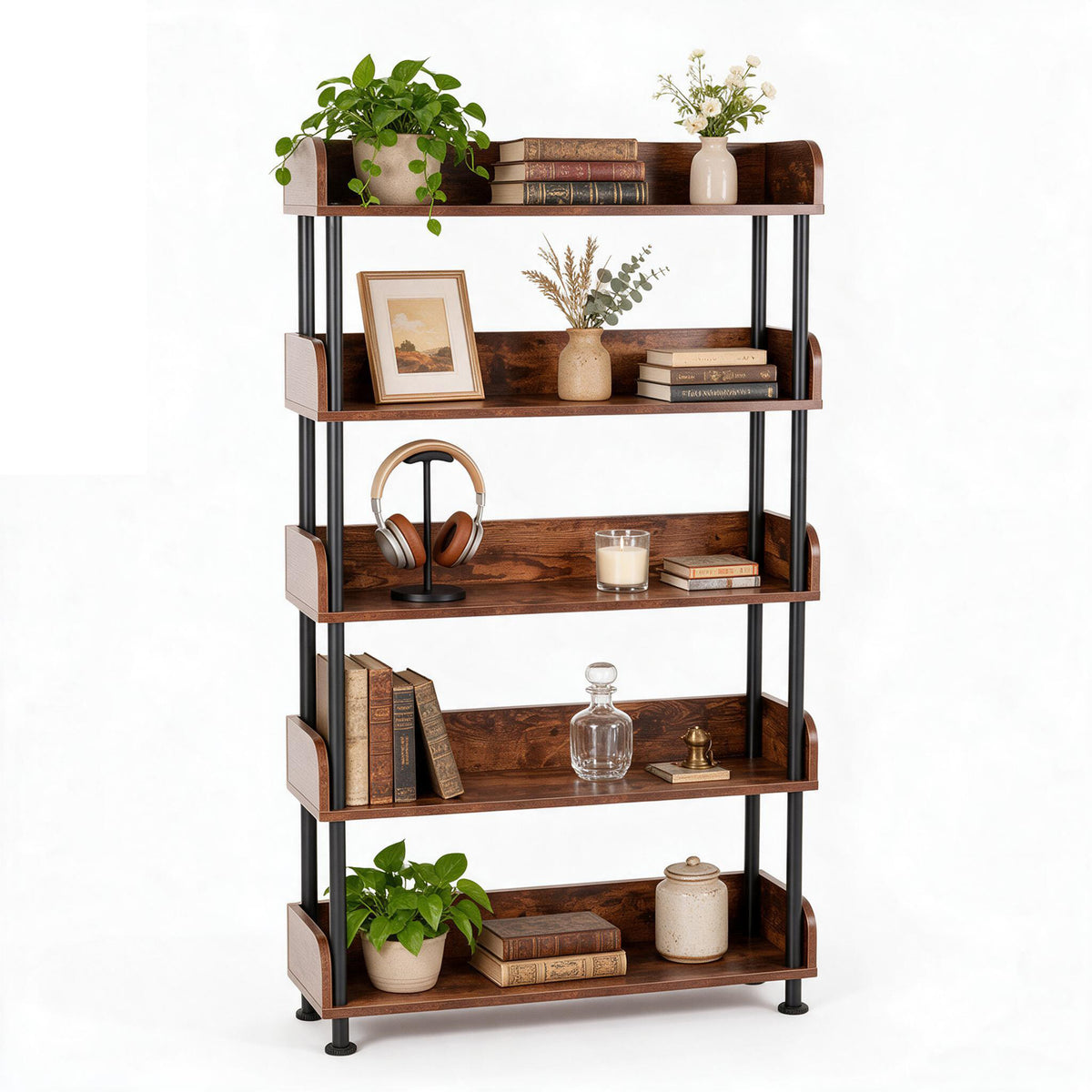 5-Tier Industrial Bookshelf, Open Rustic