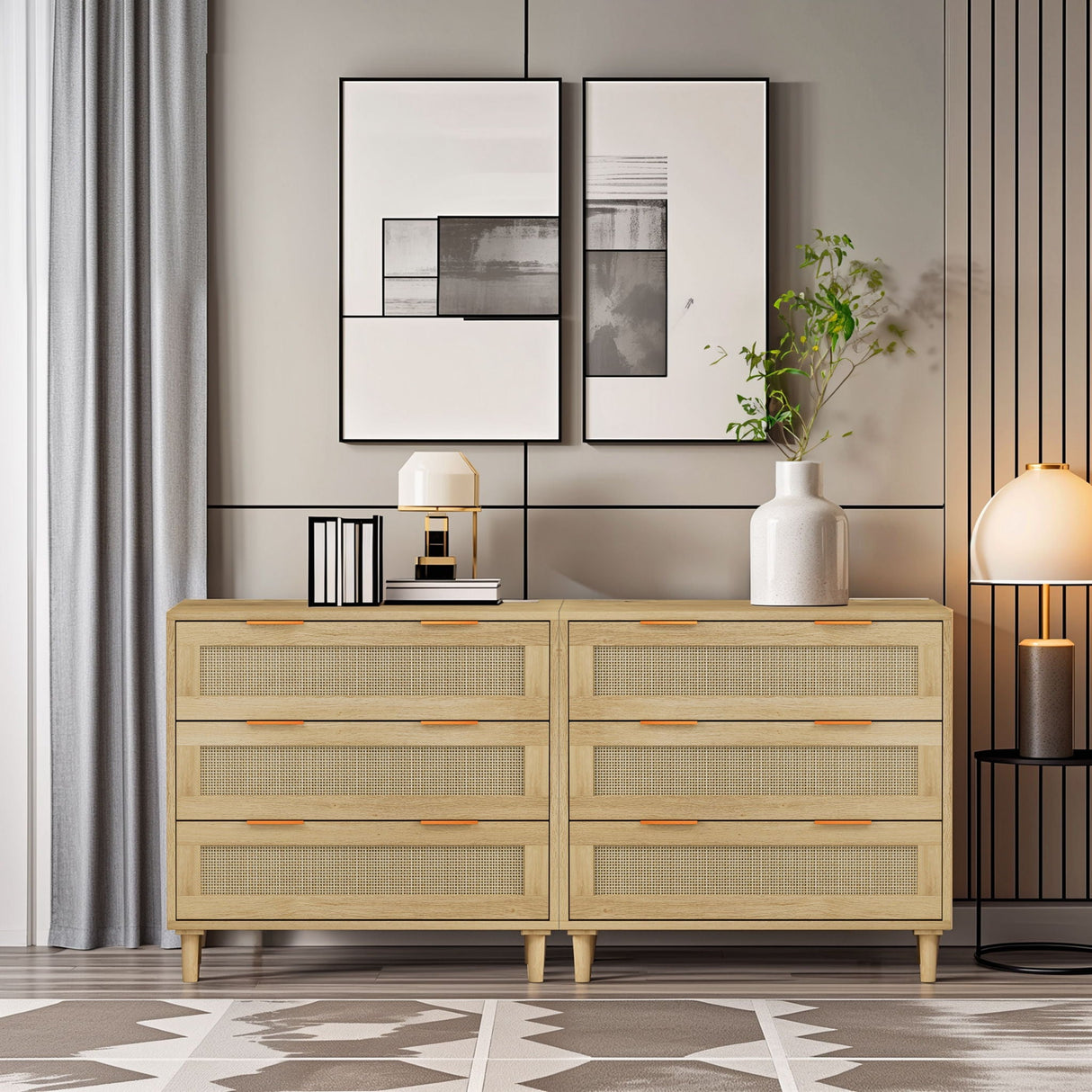 3 Drawers Rattan Storage Cabinet Set of 2 - Oak
