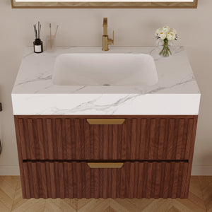 30" Modern Floating Bathroom Vanity with Seamless Sintered Stone Top & Ceramic Basin – 2 Soft-Close Drawers, Wall-Mounted