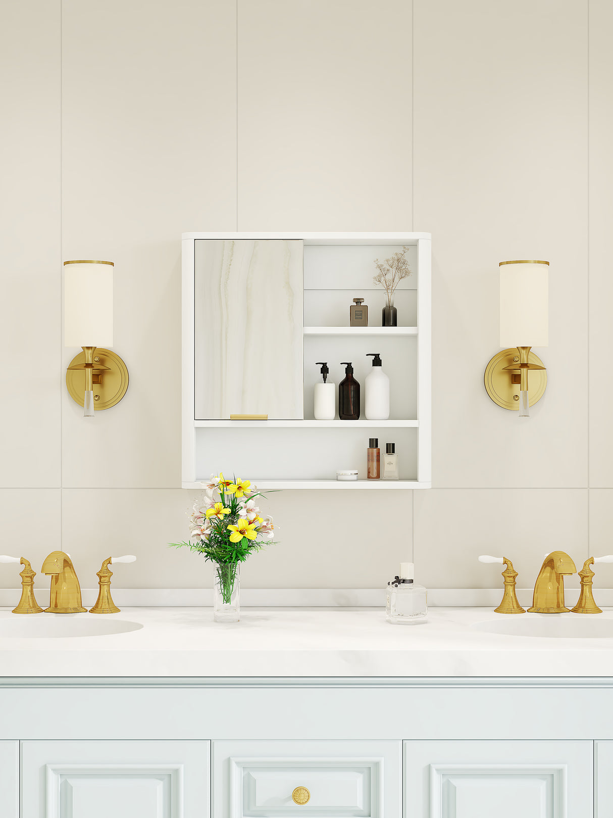 Modern Bathroom Mirror Cabinet with Open Shelves