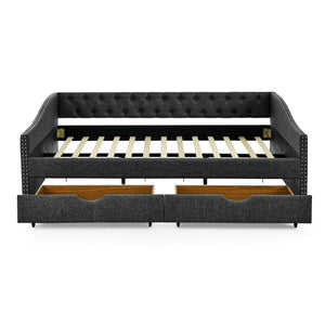 Upholstered Tufted Daybed With 2 Drawers, Waved Arms