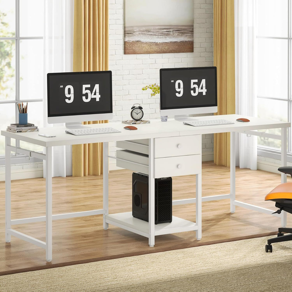 2 Person Computer Desk With Drawers And Shelves, Extra Long Double Workstation