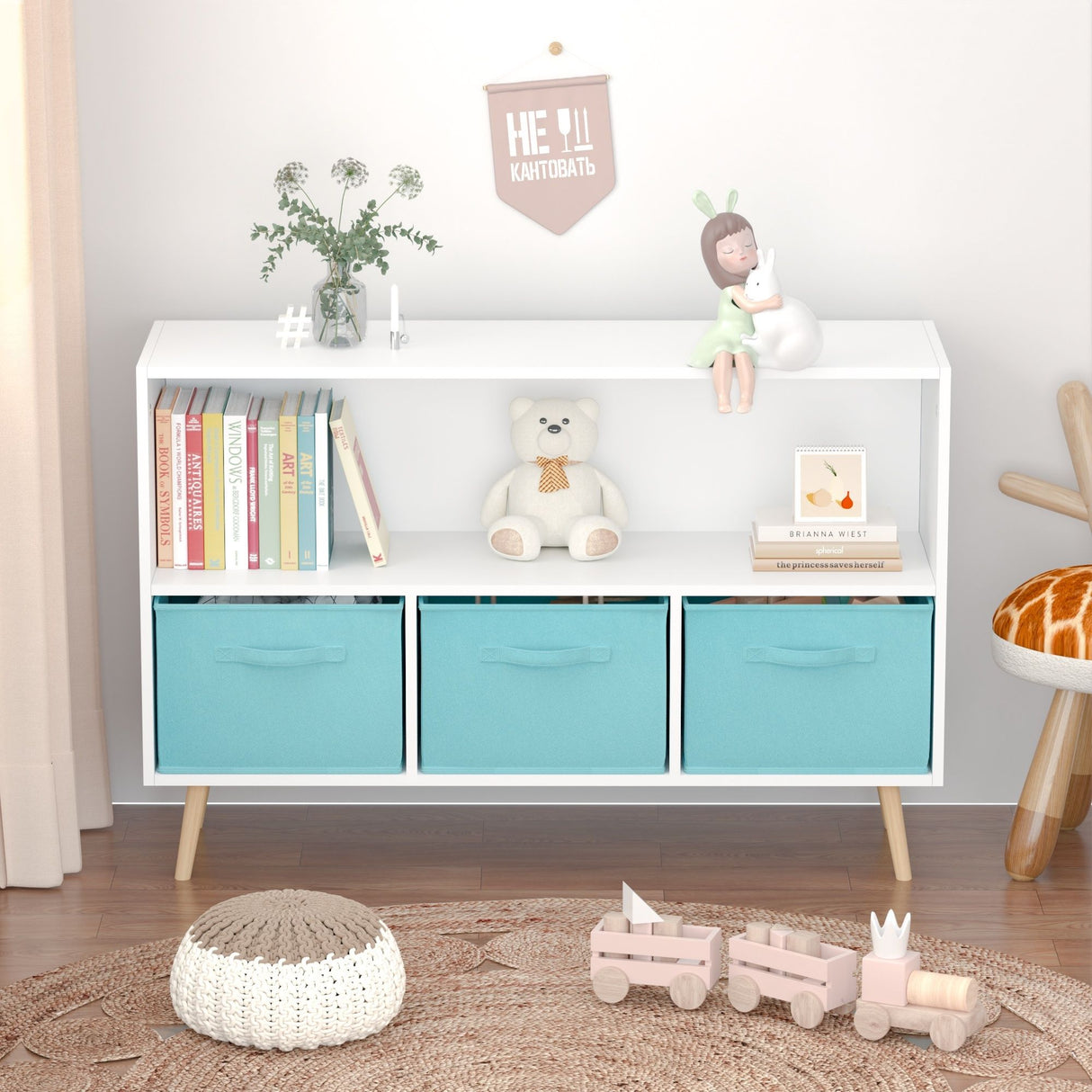Bookcase With Collapsible Drawers, Book Display Storage Cabinet Organizer - White / Blue