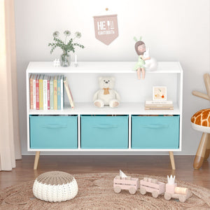 Bookcase With Collapsible Drawers, Book Display Storage Cabinet Organizer - White / Blue