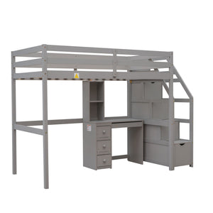 Loft Bed With Stand Alone Bed, Storage Staircase, Desk, Shelves, And Drawers