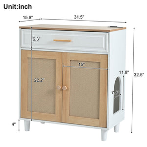 Pet Friendly Furniture Style Cat Litter Box House With Sisal Scratching Door And Charging Socket - Beige / White