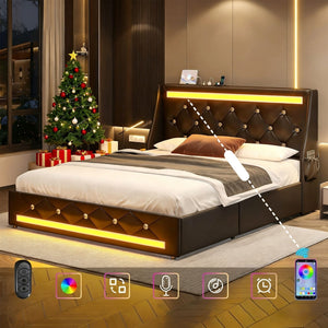 Wingback Upholstered Bed Frame With LED Lights, Charging Station