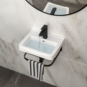 Wall Mounted Bathroom Sink With Towel Bar & Overflow - White / Black
