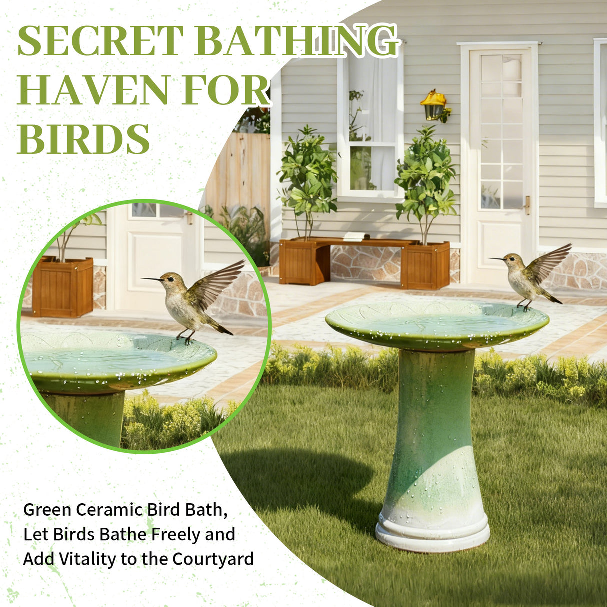 Handmade Glazed Ceramic Bird Bath with Daisy Petal Embossed Tray