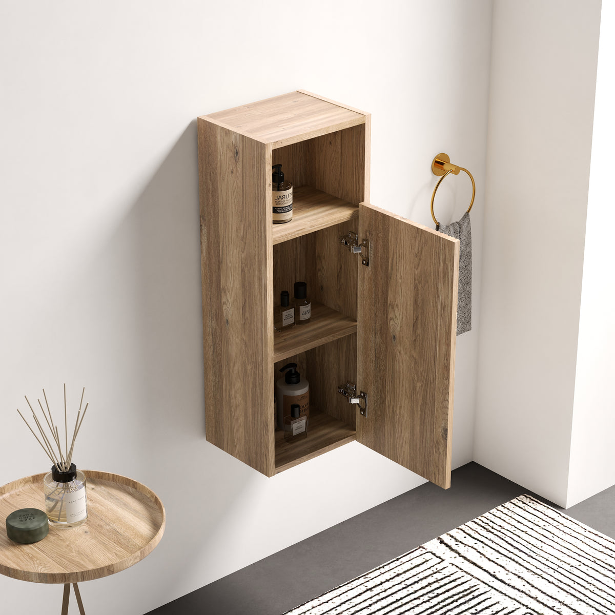 Rough Oak Wall-Mounted Bathroom Storage Cabinet, 12-Inch