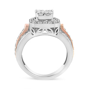 14K White and Rose Gold 1 1/8 Cttw Princess and Round-Cut Diamond Art Deco Style Triple Shank Halo Cocktail Ring (I-J Color, SI2-I1 Clarity) - Size 7