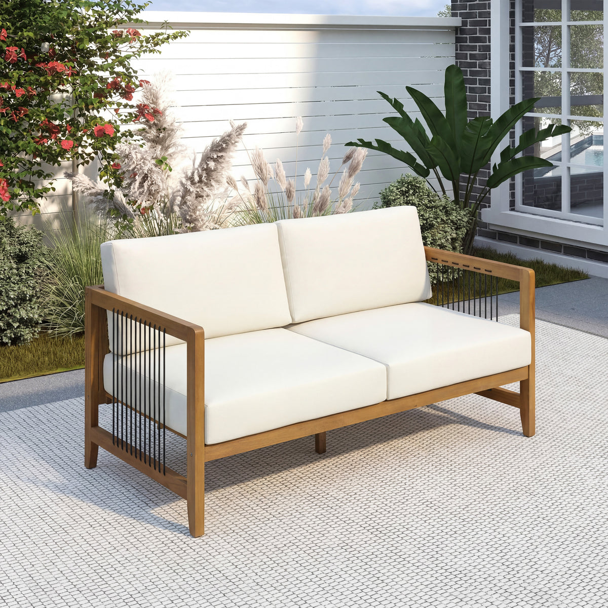 Acacia Wood Outdoor Loveseat with Handwoven Rope