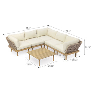 6-Piece Acacia Wood L-Shaped Modular Outdoor Sofa Set with Rope Back & Weather-Resistant Cushions