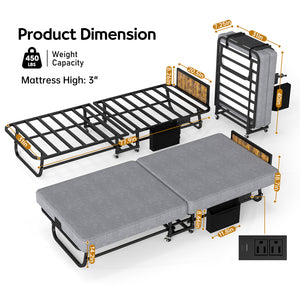78"×31" Folding Bed with Headboard & USB Charging Station