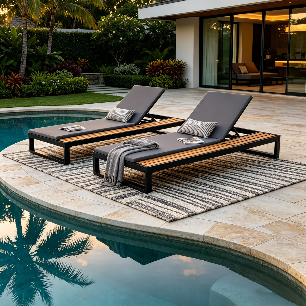 Black Iron & Teak Finish Chaise Lounge Set