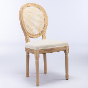 French Style Solid Wood Frame Antique Painting Fabric Rattan Back Dining Chair (Set of 2)