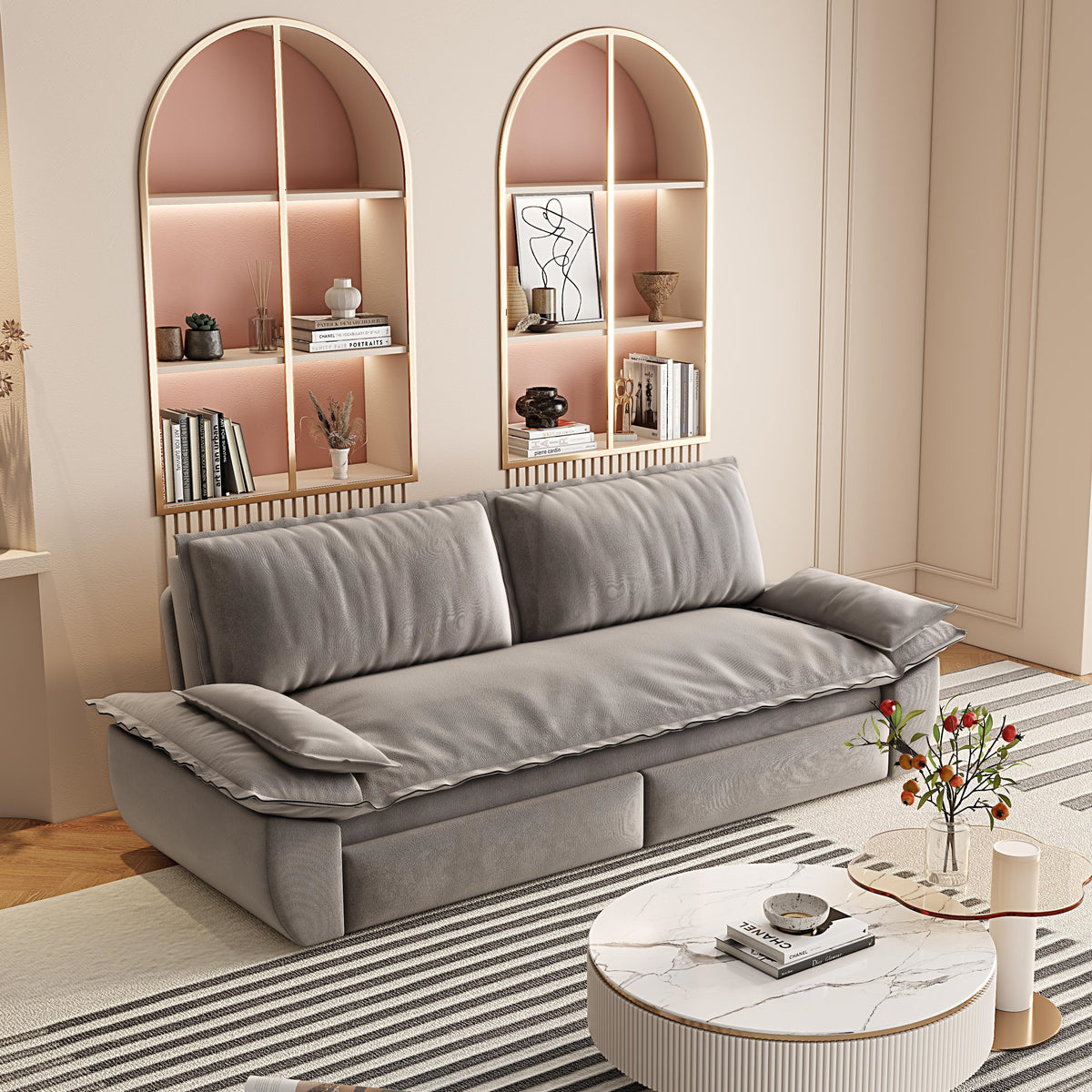 Grey Velvet Queen Pull Out Sofa Bed with 3-in-1 Convertible Design