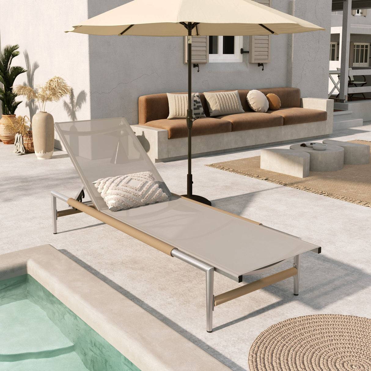 Hargrove - Outdoor Patio Aluminun Chaise Lounge, Outdoor Mesh Seat - Natural / Silver - Best Buy Furniture