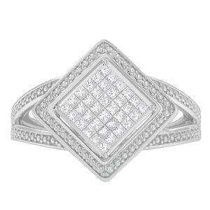 .925 Sterling Silver 1/3 Cttw Invisible Set Princess-Cut Diamond Rhombus and Beaded Halo Ring (H-I Color, SI1-SI2 Clarity) - Ring Size 7