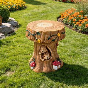 Squirrel Tree Stump Stool Garden Statue with Durable Magnesium Oxide – Brown