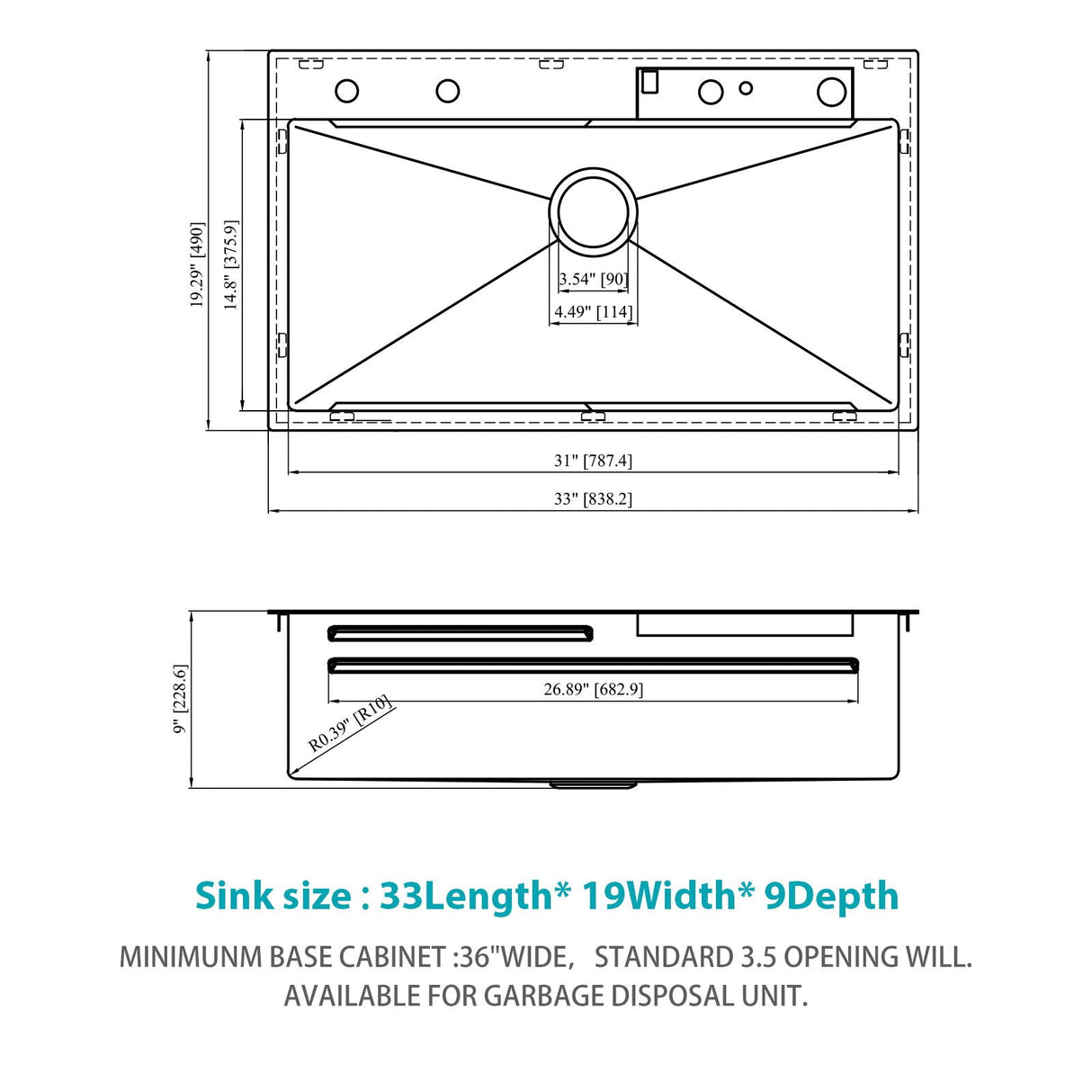 33" Stainless Steel Single Bowl Kitchen Sink With Waterfall Flow