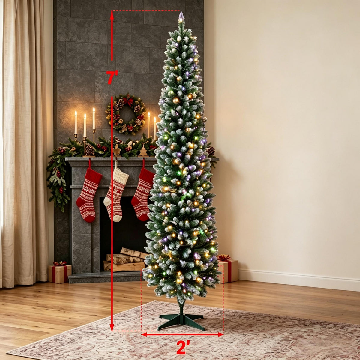 7ft Flocked Pencil Prelit Christmas Tree, Dual-Color