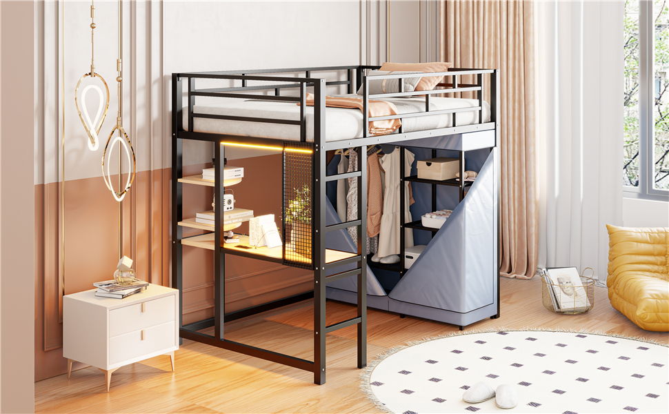 Loft Bed With Desk, Shelves, Power Outlet, LED Light And Wardrobe